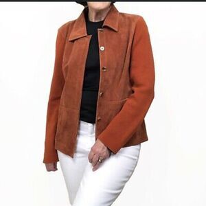 Sigid Olsen Jacket Leather Silk cotton mix media 70s sz M orange tortoise button